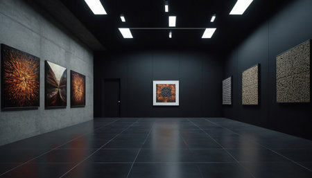 3d rendering of modern art gallery interior with paintings on the wallの素材