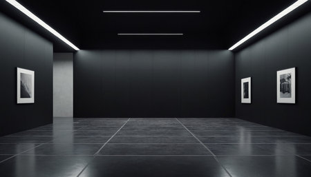 Interior of modern gallery with black walls and tiled floor. 3d renderingの素材