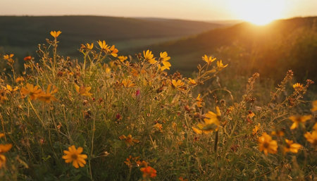 Sunset in the meadow with yellow flowers and sun rays.の素材