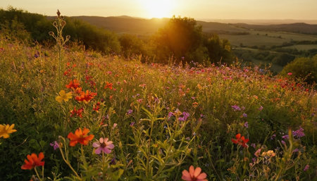 Sunset over the meadow with wildflowers in summer.の素材