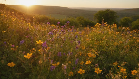 Wildflowers in the meadow at sunset. Beautiful summer landscape.の素材