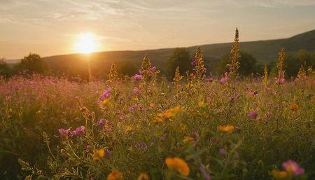 Sunset over the meadow with wildflowers. Beautiful summer landscape.の素材
