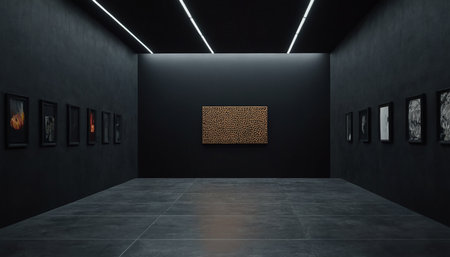 3d render of modern art gallery interior with empty frames on wallの素材