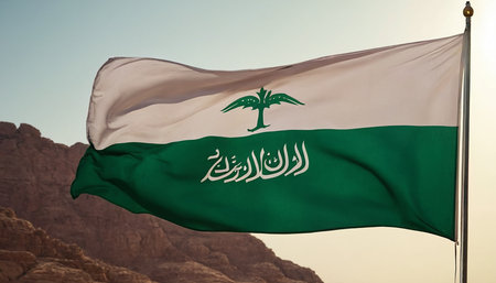 Flag of Saudi Arabia waving in the wind against the blue sky.の素材