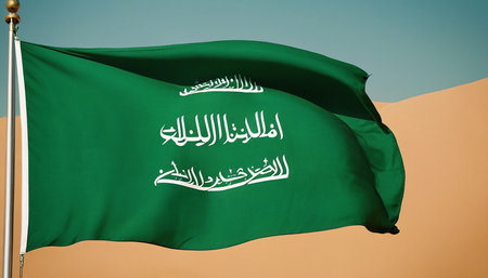 National flag of Saudi Arabia waving in the wind on blue sky backgroundの素材