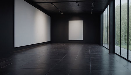 Modern gallery interior with blank poster on wall. Mock up, 3D Renderingの素材