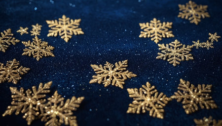 Gold snowflakes on blue background. Christmas and New Year conceptの素材