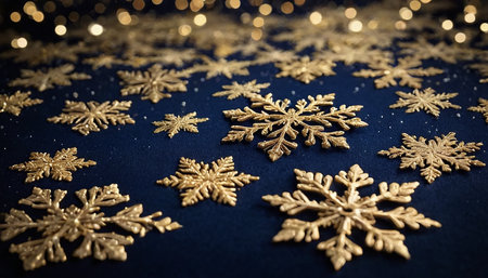 Golden snowflakes on a dark blue background. Christmas and New Year concept.の素材
