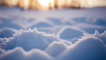 snow on the ground in the winter forest at sunset. macroの素材