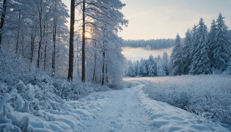 Beautiful winter landscape with snowy trees and path in forest at sunsetの素材