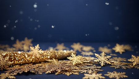 Golden snowflakes on dark blue background with bokeh effectの素材