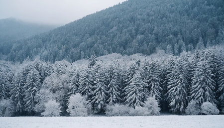 Winter landscape with snow covered fir trees in Carpathian mountains.の素材