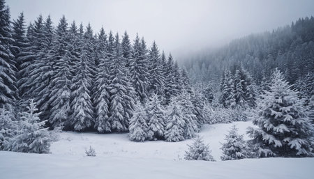 Winter landscape with snow covered fir trees in Carpathian mountains.の素材