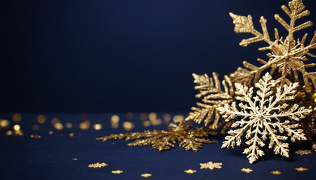 Golden snowflakes on blue background. Christmas and New Year concept.の素材