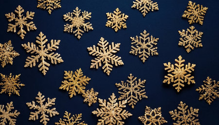 Christmas background with golden snowflakes on a dark blue background.の素材