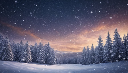 Fantastic winter landscape with snow covered trees. Dramatic wintry scene.の素材