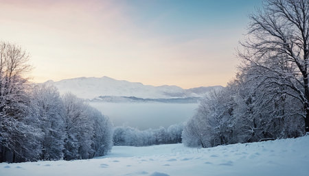 Winter landscape with snow covered trees and fog in the mountains at sunsetの素材