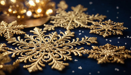 Christmas decoration with golden snowflakes on dark blue background, closeupの素材