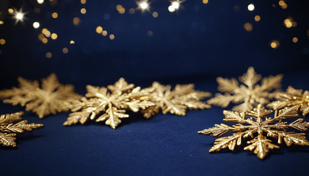 Golden snowflakes on a blue background. Christmas and New Year concept.の素材