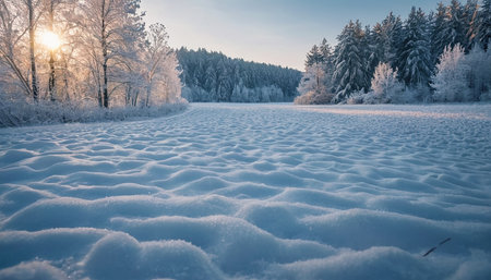 Beautiful winter landscape with snow-covered trees in the forest.の素材