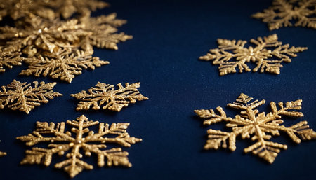 Christmas background with golden snowflakes on a blue background. Top view.の素材