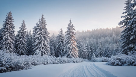 Winter landscape with snow covered pine trees. Carpathian, Ukraineの素材