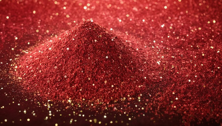 Red glittering powder on a red background. Christmas and New Year concept.の素材