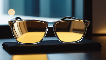 Sunglasses in a black case on a table in the officeの素材