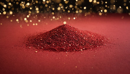Pile of red glitter powder on red background with golden bokehの素材