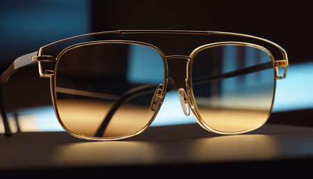 Stylish eyeglasses on table in office, close-upの素材