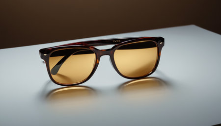 Sunglasses in an iron frame with brown glass on a white tableの素材