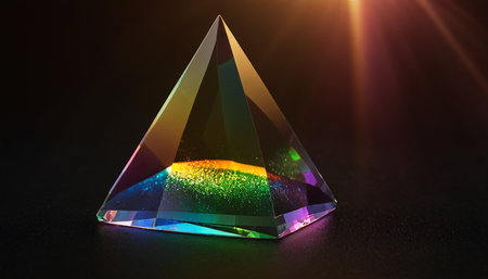 Triangle crystal on black background. 3D illustration. 3D rendering.の素材