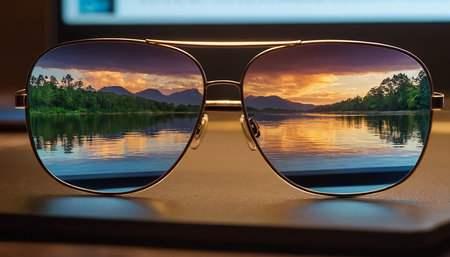 Sunglasses with reflection of mountain and lake in the screen.の素材