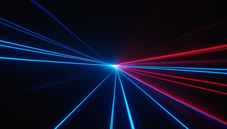 abstract 3d illustration of blue and red laser rays on black backgroundの素材