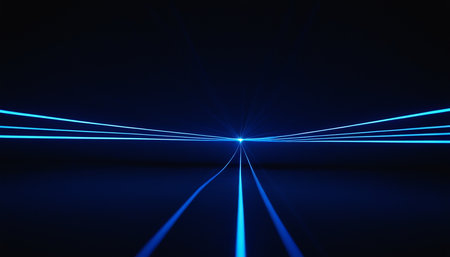3D illustration of a blue neon light on a black background.の素材