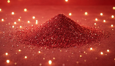 Pile of red glitter on red background. Christmas and New Year concept.の素材