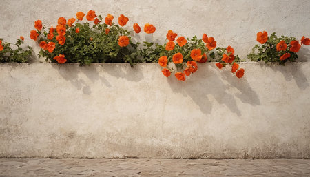 Poppies on the wall of an old house in Greece.の素材