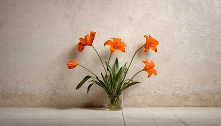 Orange flowers in a vase on a gray concrete wall background.の素材