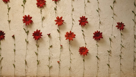 Red flowers on a white wall in the interior of the room.の素材