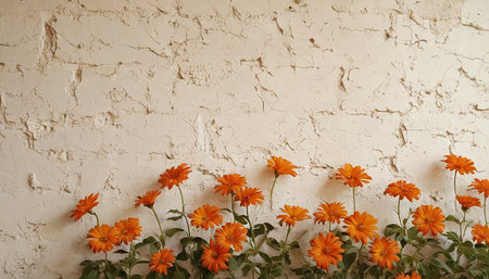 Calendula flowers on a white brick wall background. Copy space.の素材