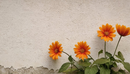 Orange daisy flowers on white concrete wall background with copy space.の素材