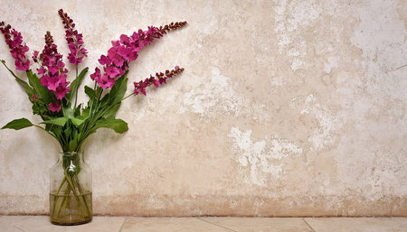 Pink salvia flowers in a vase on a beige backgroundの素材