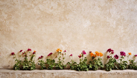 Flowers in pots on the old wall background. Copy space.の素材