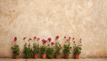 Flowers in pots on the background of a beige wall.の素材
