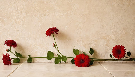 Red gerbera flowers on a white tile floor in front of a beige wallの素材