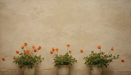 Flowers in vases on the background of a beige wallの素材