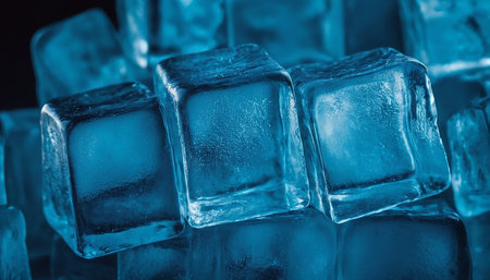 Ice cubes on dark blue background, closeup. Toned.の素材