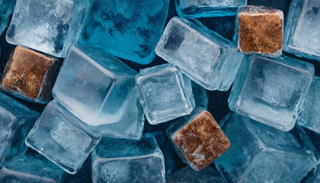 Ice cubes on blue background, top view, close-up.の素材