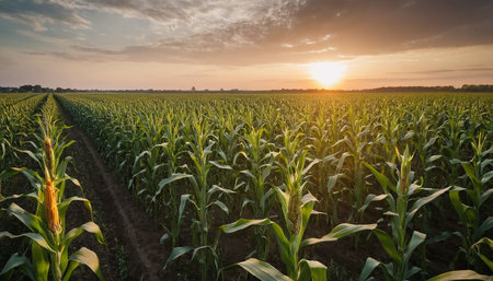 Sunset over a corn field in the countryside on a summer eveningの素材