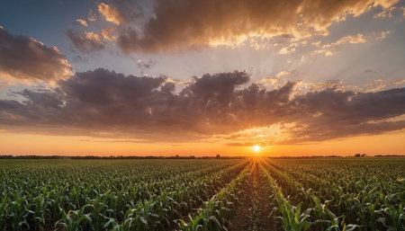 Sunset over corn field in summer. Agricultural landscape with sun and clouds.の素材